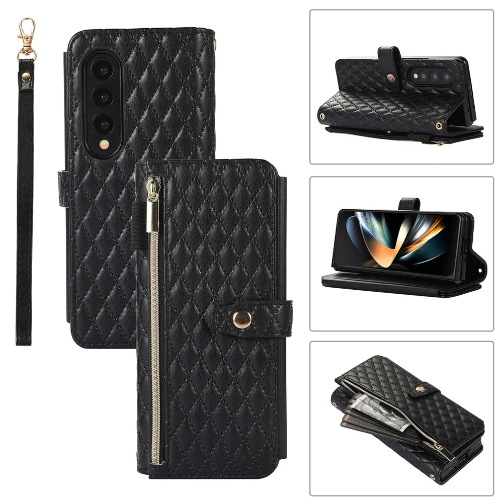 

Luxury Grid Leather Cover for Samsung Galaxy Z Fold 4 3 Fold4 Fold3 5G Crossbody Wallet Phone Case with Lanyard and Card Slot