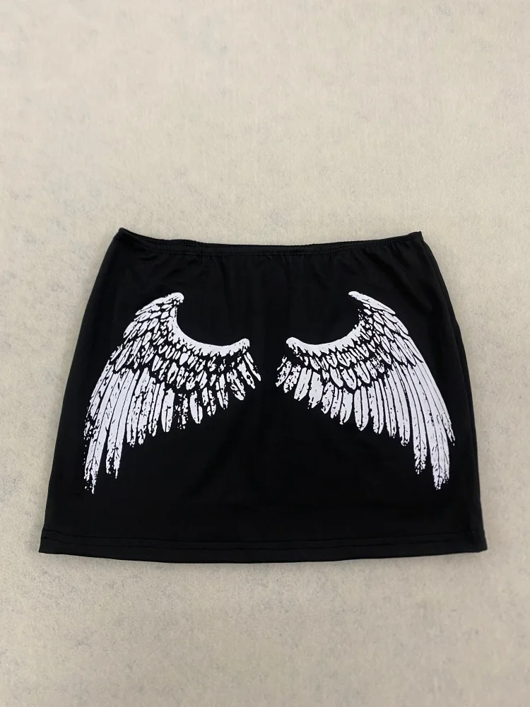Y2K Black Bodycon Mini Skirt Women Reversible Design With Angel Wings And Letter Print For Streetwear 6