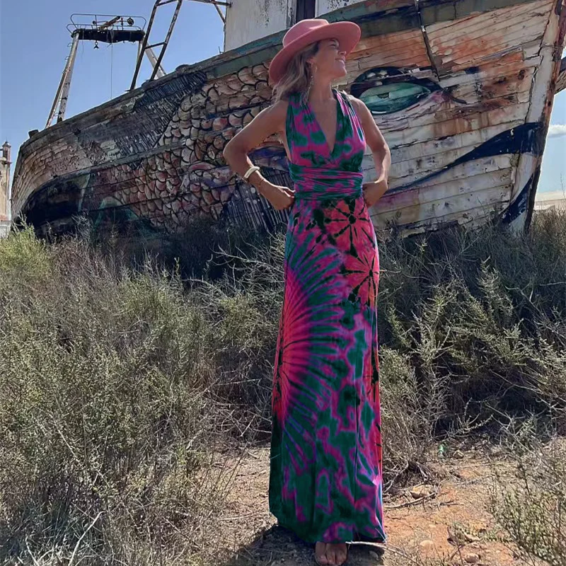 

Summer Women Sexy Print Bohemian Dress Elegant Fashion Sleeveless V Neck High Waist Vacation Long Dress Streetwear