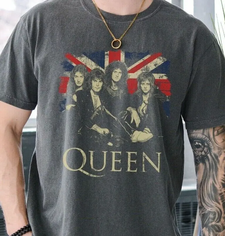 

Queen British Flag T-Shirt Rock Band on Vintage Black Comfort Colors 1717 Tee