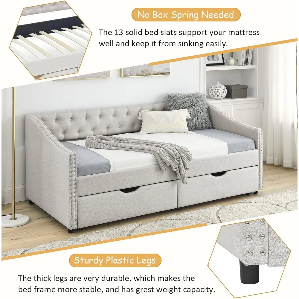 Wood Twin Daybed Frame with 2 Storage Drawers, Upholstered with Button and Nailhead Design for Bedroom Guest Room 4
