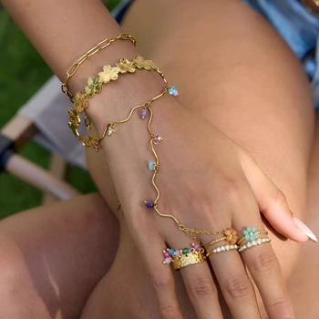 Zora Women's Vacation Style Colorful Natural Stone Crystal Finger Bracelet 18K Gold Plated Stainless Steel Fine Jewelry 1