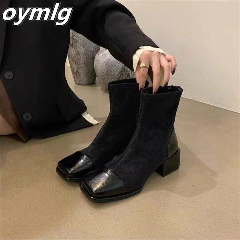 Thick Heel Spliced Women's Boots 2023 New Summer Square Head Thin Short Boots Spring and Autumn Single Boots
