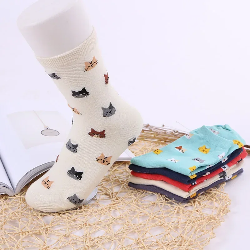 2024 Women Socks Mid Length Sock Cotton Spring and Summer Sweet Fashion Cotton Socks Personality Cat Head Pattern Casual Socks 6