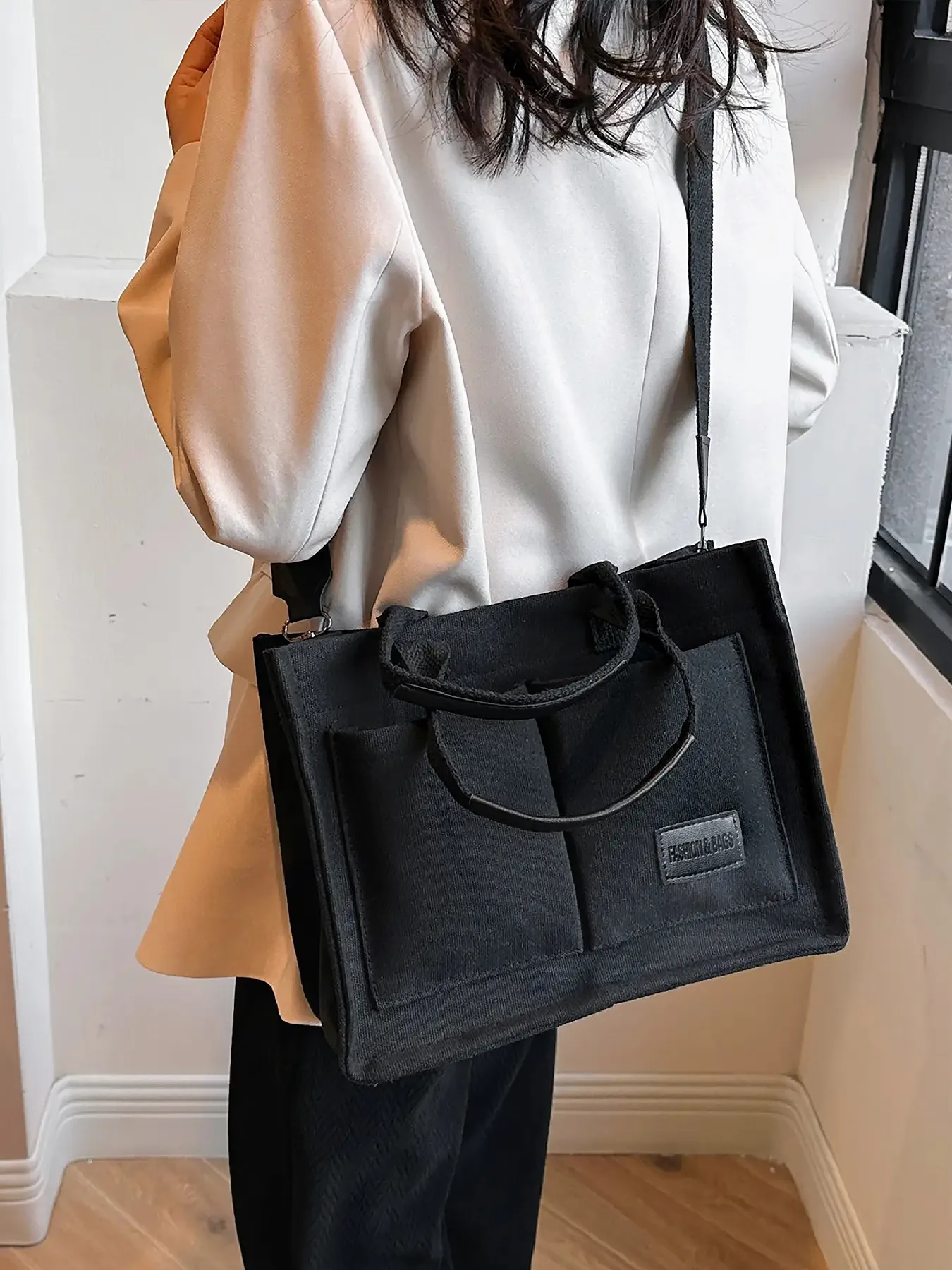 Neu eingetroffene Canvas-Einkaufstasche für Damen mit Taschen, große Umhängetasche, Umhängetasche, Handtasche, alles für die tägliche Arbeit – Detail 11