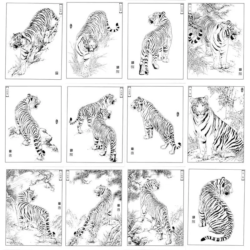 

Tiger Line Drawing Manuscript Traditional Chinese Painting Animal Line Draft Meticulous Painting Copy Practice Paper HD Printing