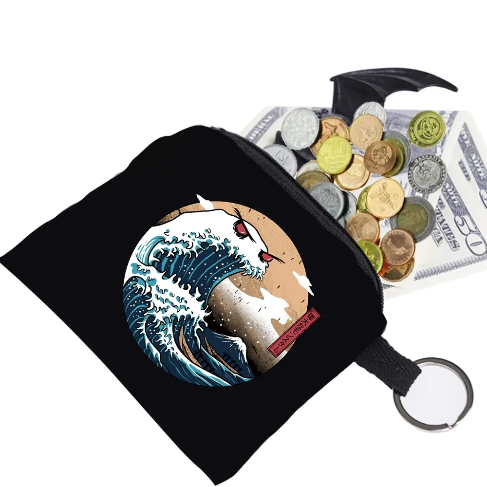 Purse Unisex Coin Bag Earplugs Key Storage Bag Small Object Ring Buckle Zipper Black Canvas Wave Print Pattern Series