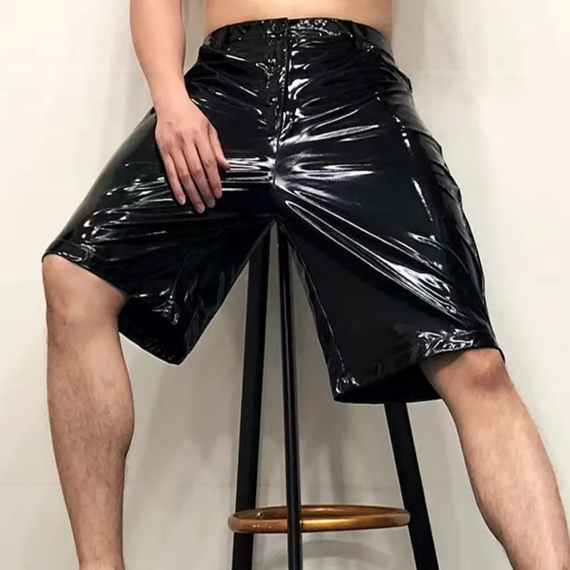 

2022 Shinny Leather Short Sexy Nightclub Men's DS Costumes Anti-bright PU Pant Black Elasticity Slim Men Motorcycle Shorts