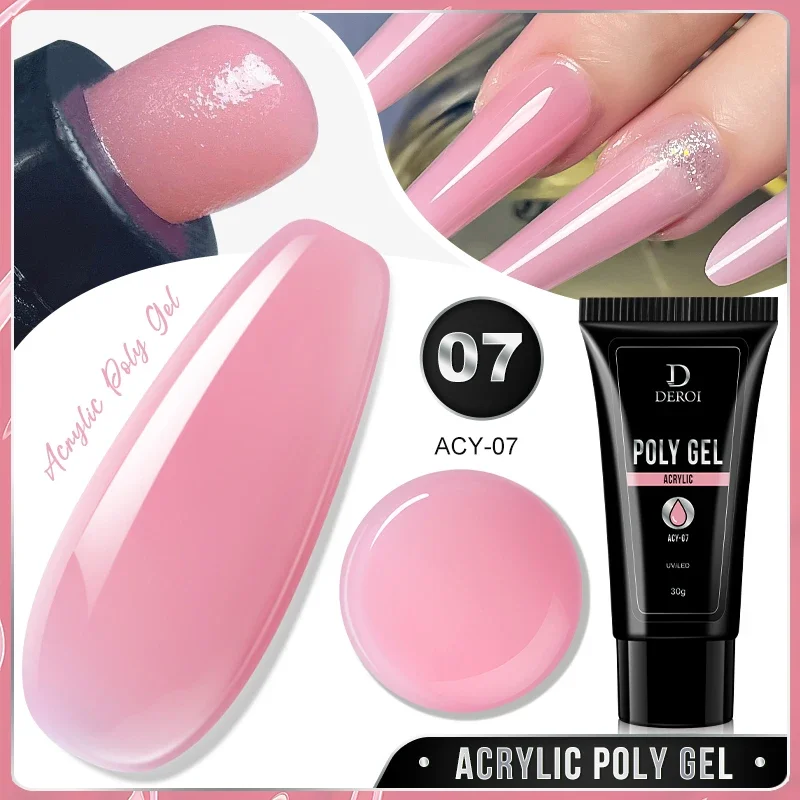 DEROI 퀵 익스텐션 젤 천연 핑크 크리스탈 폴리 네일 젤, 아크릴 반영구 UV/LED 액체 하이브리드 바니시 빌더, 30ml