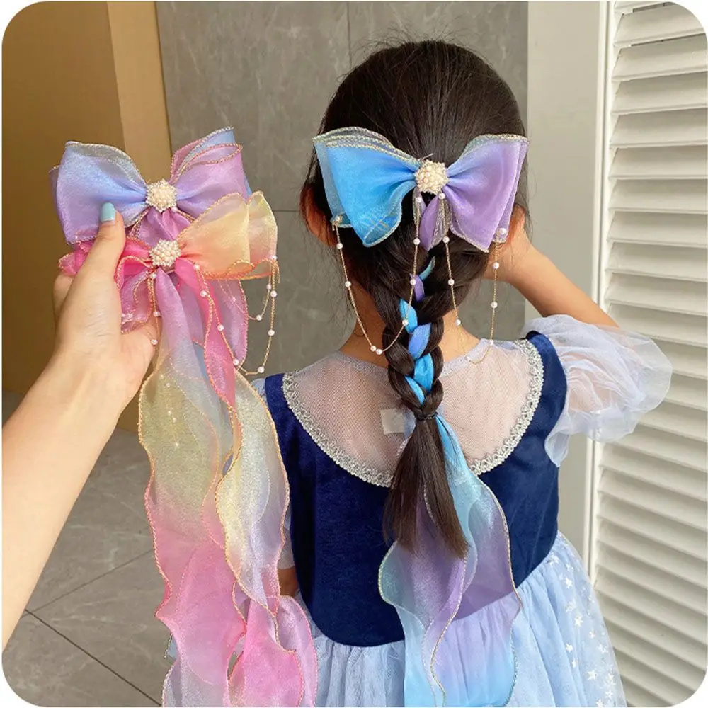 

Barrettes Gradient Color Girls Hair Accessories Long Ribbon Hairpin Lace Bow Hair Clips Princess Hairpin Braided Hairpin