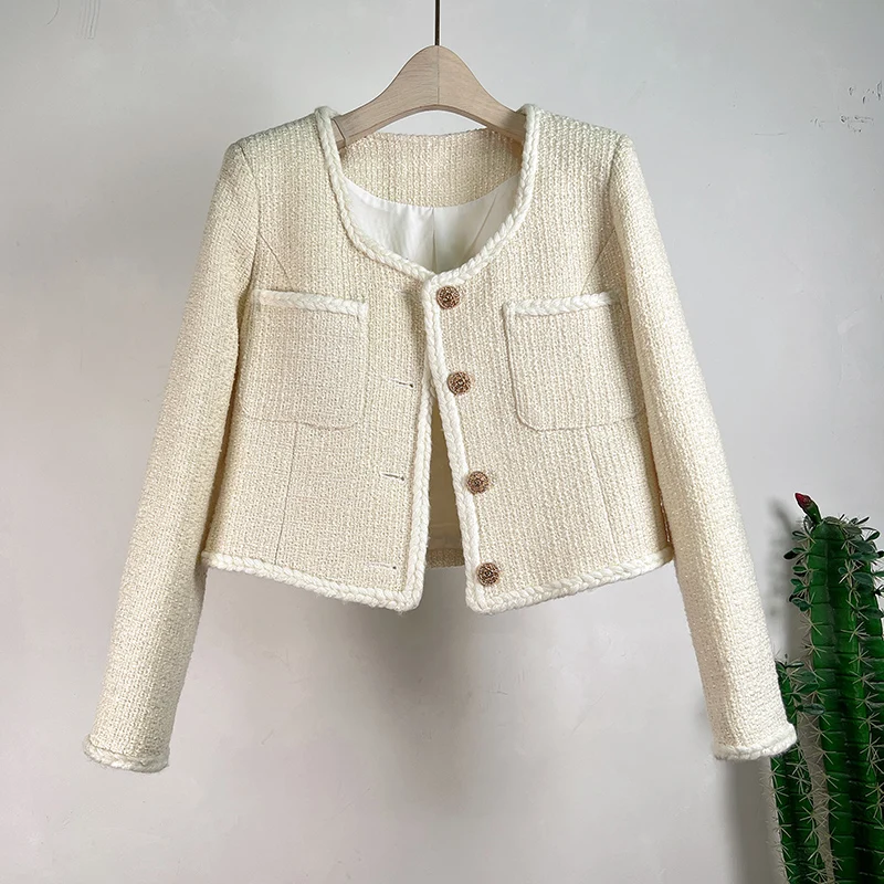 

High Quality Luxury Chic Fall Small Fragrance Slim Women's Winter Clothes Elegant Rose Woolen Tweed Long Sleeve Jackets Outwear