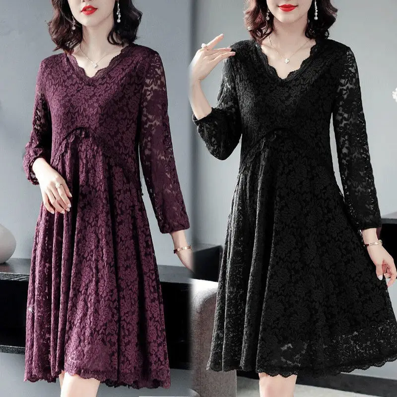 Spring Autumn Solid Lace Sexy Aesthetic Dress Women Long Sleeve Hollow Out Chic Vestidos De Fiesta Elegant Fashion Robe Femme