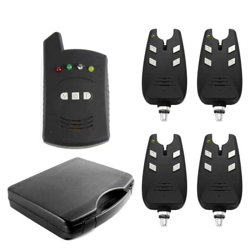 

Wireless Fishing Bite Alarm 4*Receiver+1*Indicator Sensitivity Alert Set Carp Fishing Tackle with Zippered Box PJ228