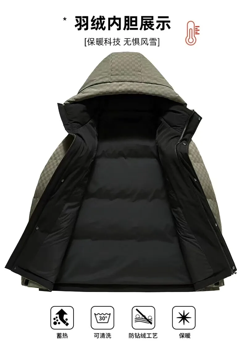 Lässige warme Herren-Erdendunenjacken mit Karomuster und Kapuze, 2025, Winter-Streetwear, karierter Puffermantel, winddichte, gepolsterte Outdoor-Kleidung – Detail 11