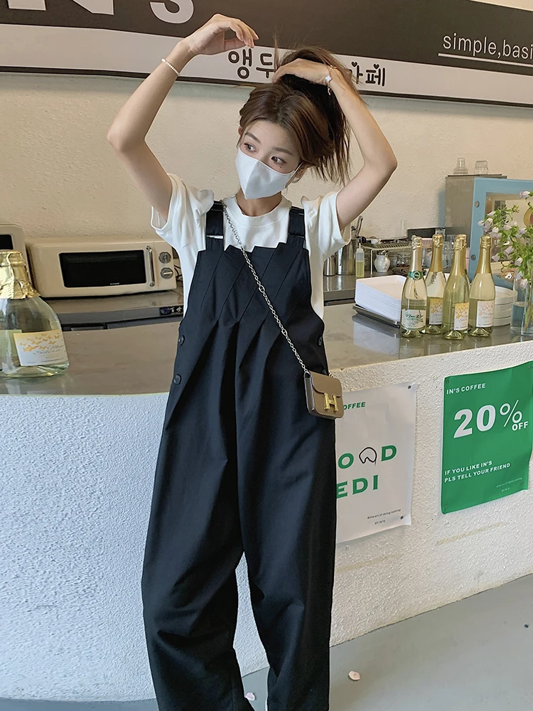 Black Overalls Strap Pants 2022 Summer Women Elegant Loose Folds Spliced  Casual Korean One Piece Wide Leg Trousers Rompers 7873