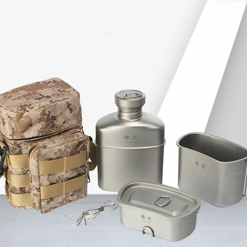 Outdoor Camping Hiking Picnic Four-piece Set Of Wild Survival Kettle Storage Box Lunch Portable Trekking BBQ Pure Titanium Gear 2