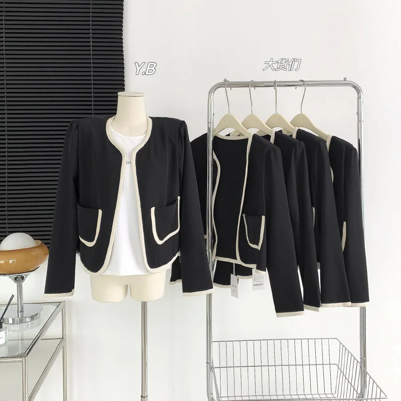 

Vintage Black Short Jacket Loose Design Female Coat Office Stylish Loose Lady Solid Long-Sleeved Vintage Street Jacket