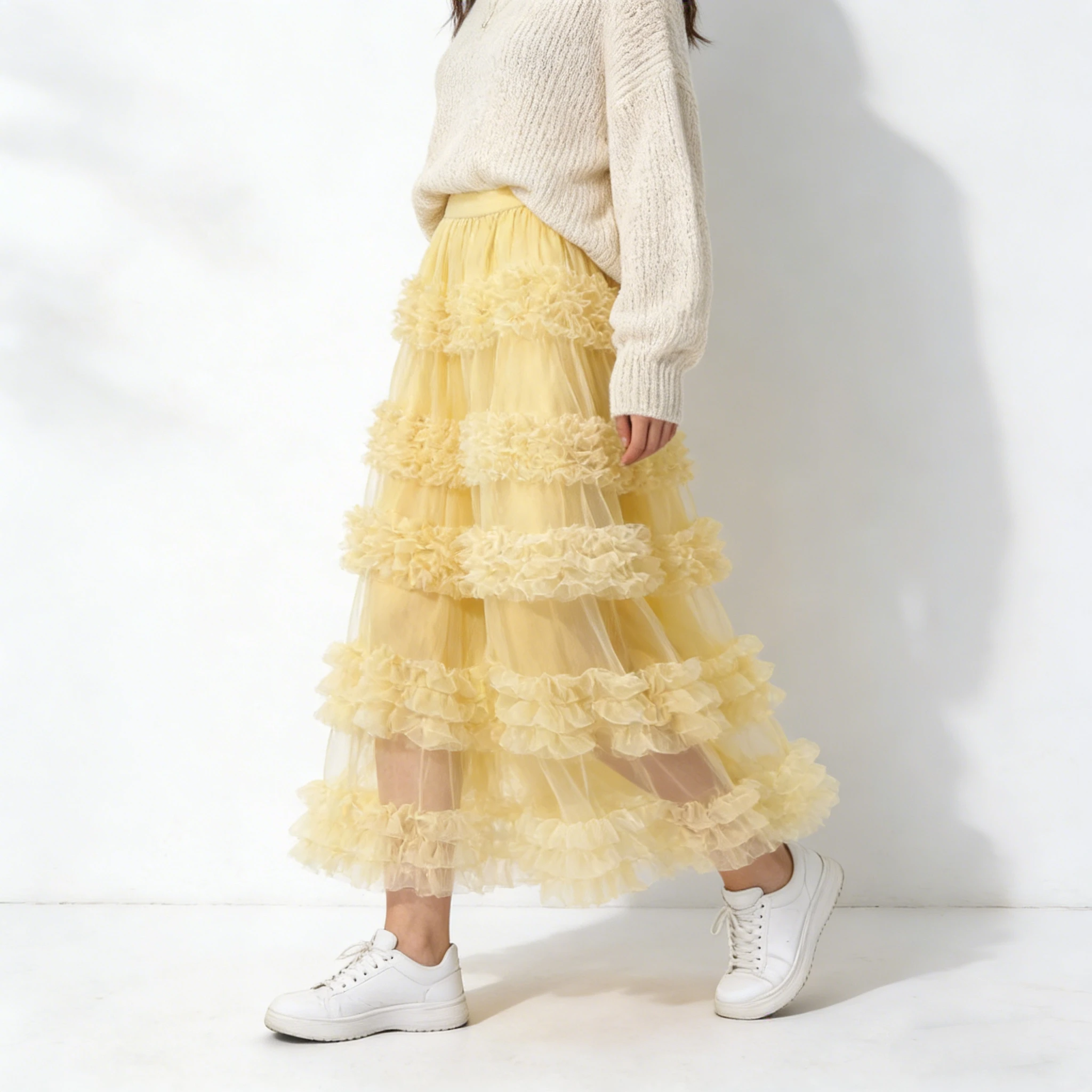 Women's Ruffle Trim Mesh Tutu Skirt, Tiered Layered A-Line Flared Skirt, High Waist Soft Tulle Puffy Skirt, Spring Summer