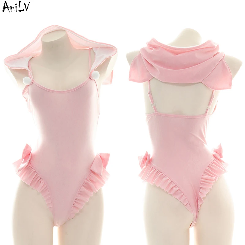 AniLV Anime Kawaii Girl Cute Cat Bodysuit Swimsuit Costumes Women Sweet Pink Kitty One-piece Swimwear Uniform Outfit Cosplay