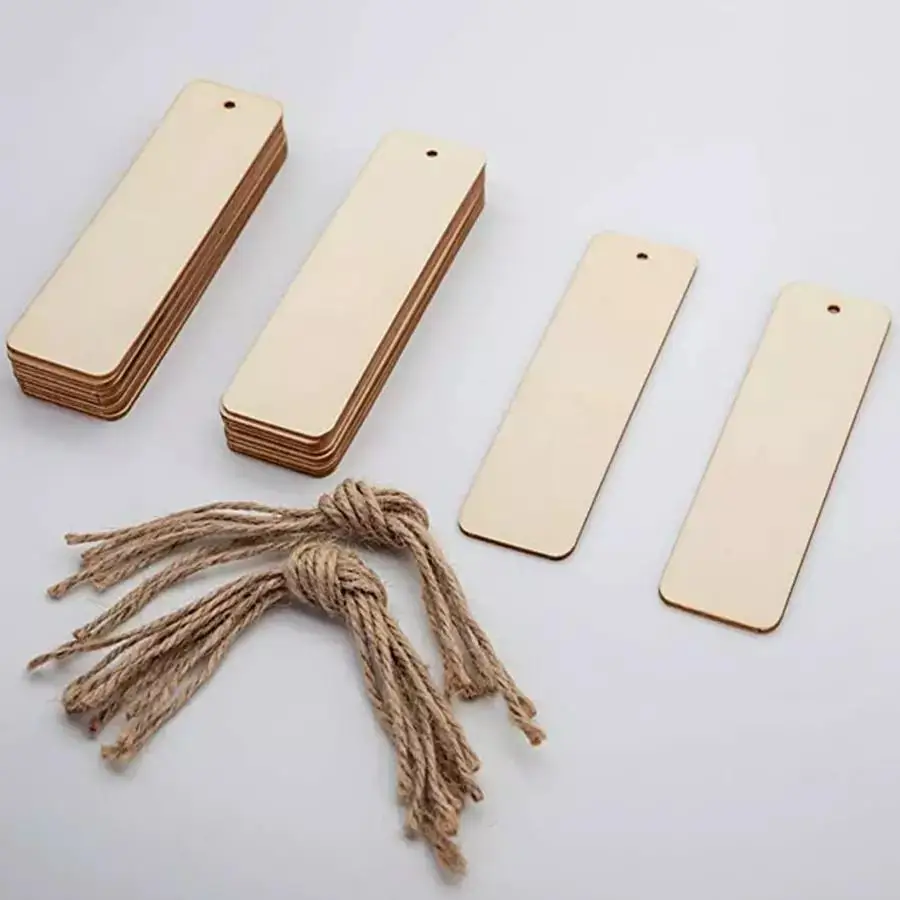 

50pcs Wooden blank tags unfinished nature wood slice bookmarks garment clothing bags hanging label doodle DIY craft with straps