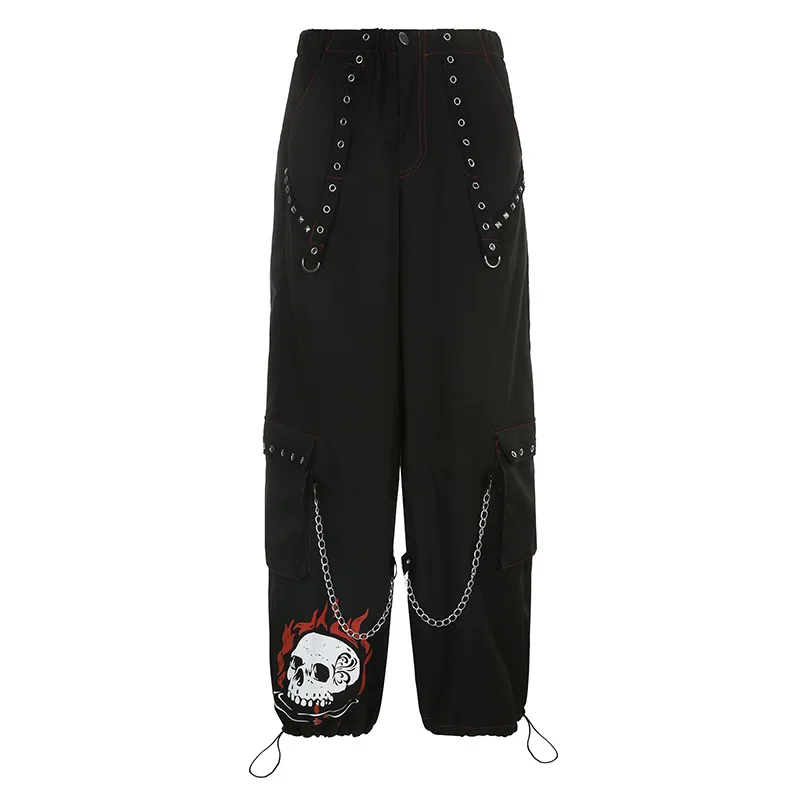 Gothic Chain Bandage Wide Leg Black Pants Women Oversize Low Rise