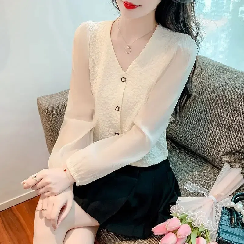우아한 쉬폰 긴팔 브이넥 블라우스, 귀여운 상의, 슬림해 보이는 부드러운 실루엣 가디건, 2023 패션, 여름 신상