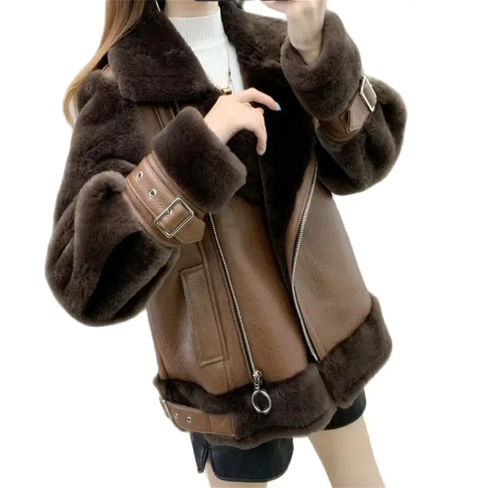 

Winter Fur Outerwear Women Faux Rabbit Fur Jackets Thick Warm Motorcycle Zipper Coat Lady Wool Liner Casual Autumn Windbreaker