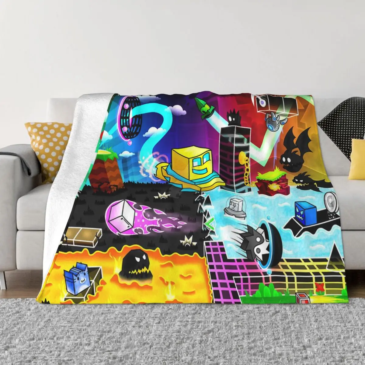 

Geometry Dash Video Game Blanket Flannel Summer Multi-function Soft Throw Blanket for Bed Travel Bedspread