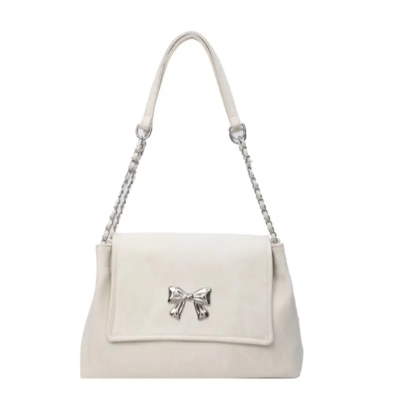 Sweet Beige Bow Handbag Women Chain Leather Large Capacity Shoulder Bag Ladies Harajuku Elegant Gentle Commute Underarm Bag 2025