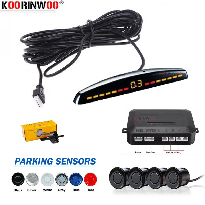 Koorinwoo Electromagnetic Car Parking Sensor 4 Reverse Backup Radar Sound Alert Indicator Probe System 12V Parktronic Black Red