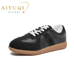 AIYUQI Women's Genuine Leather Casual Sneakers - 2024 Spring Collection - 36 (Black fluff)