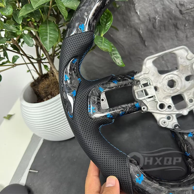 포드 머스탱 GT GT500 GT350R S550 2015-2023 블루 단조 카본 파이버 가죽 스티어링 휠 (패치 포함)