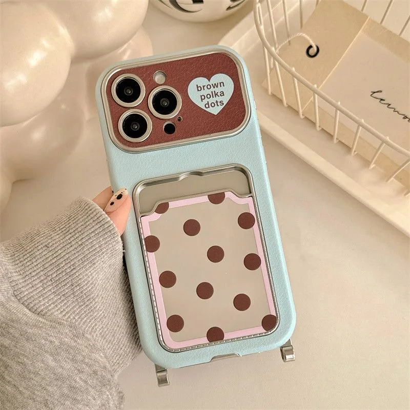 Chic Polka Dot Phone Case with Card Slot & Lanyard - Kawaii Shockproof Aesthetic Cover
