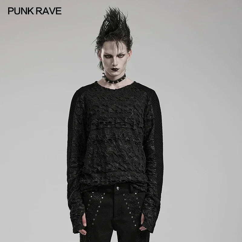 PUNK RAVE Men's Gothic Decadent Long Sleeve Splice Mesh Printed T-shirt Punk Handsome Cool Casual Tops Streetwear Autumn/Winter