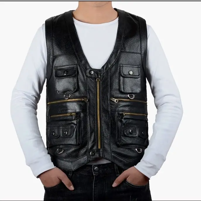 Cowhide Genuine Leather Vest Men Brown Waistcoat Male Sleeveless
