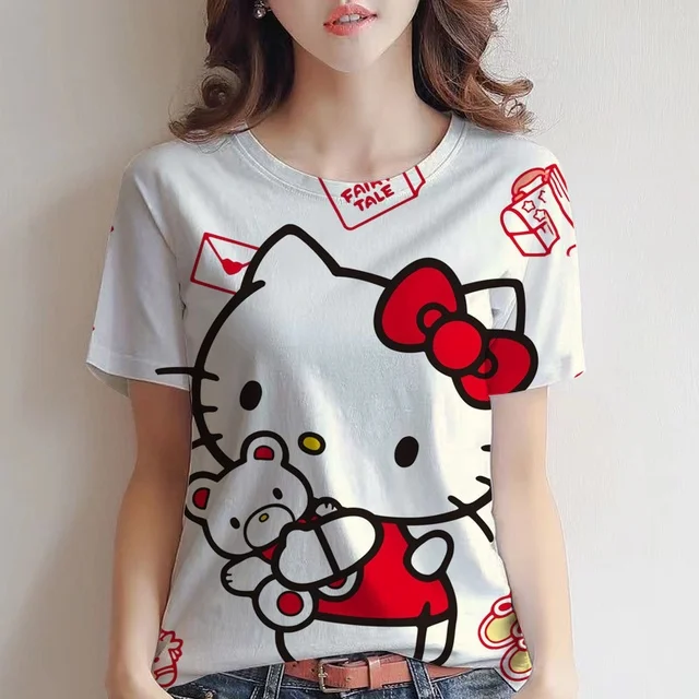 귀여운 KT 고양이 프린트 어린이 티셔츠, 데일리 캐주얼, 편안한 라운드넥, 패션 반팔, 신상
