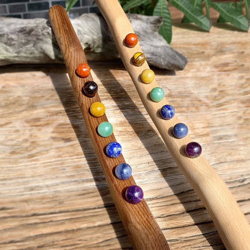 7Beads Wooden Guasha Massage Stick Jade Stone Beads Back Neck Meridian