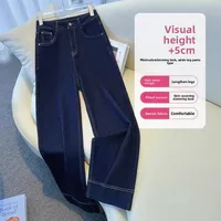 Spring Summer plus Size Loose High Waist Deep Blue Denim Wide Leg Pants Women's Loose Fit Vintage Nine Point Straight Cut Jeans