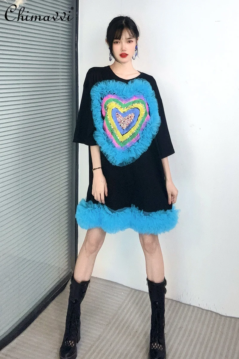 

2024 Summer New Heavy Sequins Love Mesh Stitching Loose Largers Dress Fashion Short Sleeve Mid-Length T-shirt Dress Women