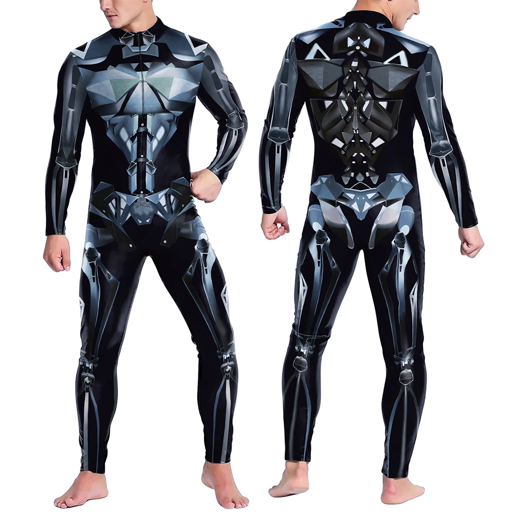 VIP FASHION Men Robot Skeleton Costume Fancy Bodysuit Front Zipper Cosplay Jumpsuit 3D Print Zentai Suit