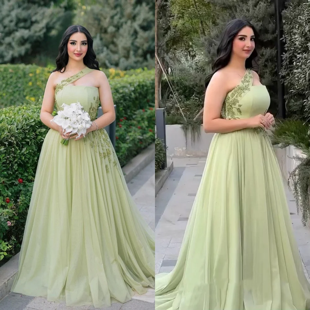 

Prom Dress Saudi Arabia Mesprit High Quality One-shoulder Ball Gown Wedding Party Applique Draped Tulle Customized Dresses