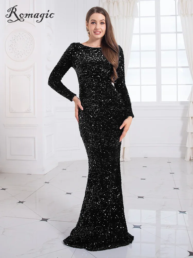 Romagic Women Modest Stretch Sequin Royal Blue Evening Prom Gown Long Sleeves Mermaid Formal Dinner Wedding Party Dress Elegant