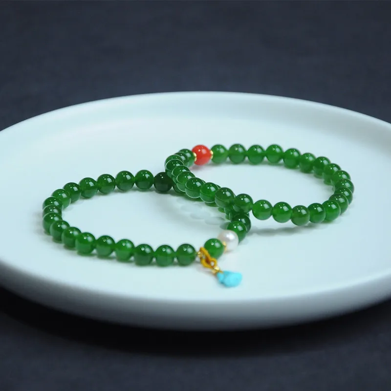 

Hetian Jade 6 мм одиночный Круглый браслет DIY женские с южнокрасным бирюзовым жемчужным орнаментом