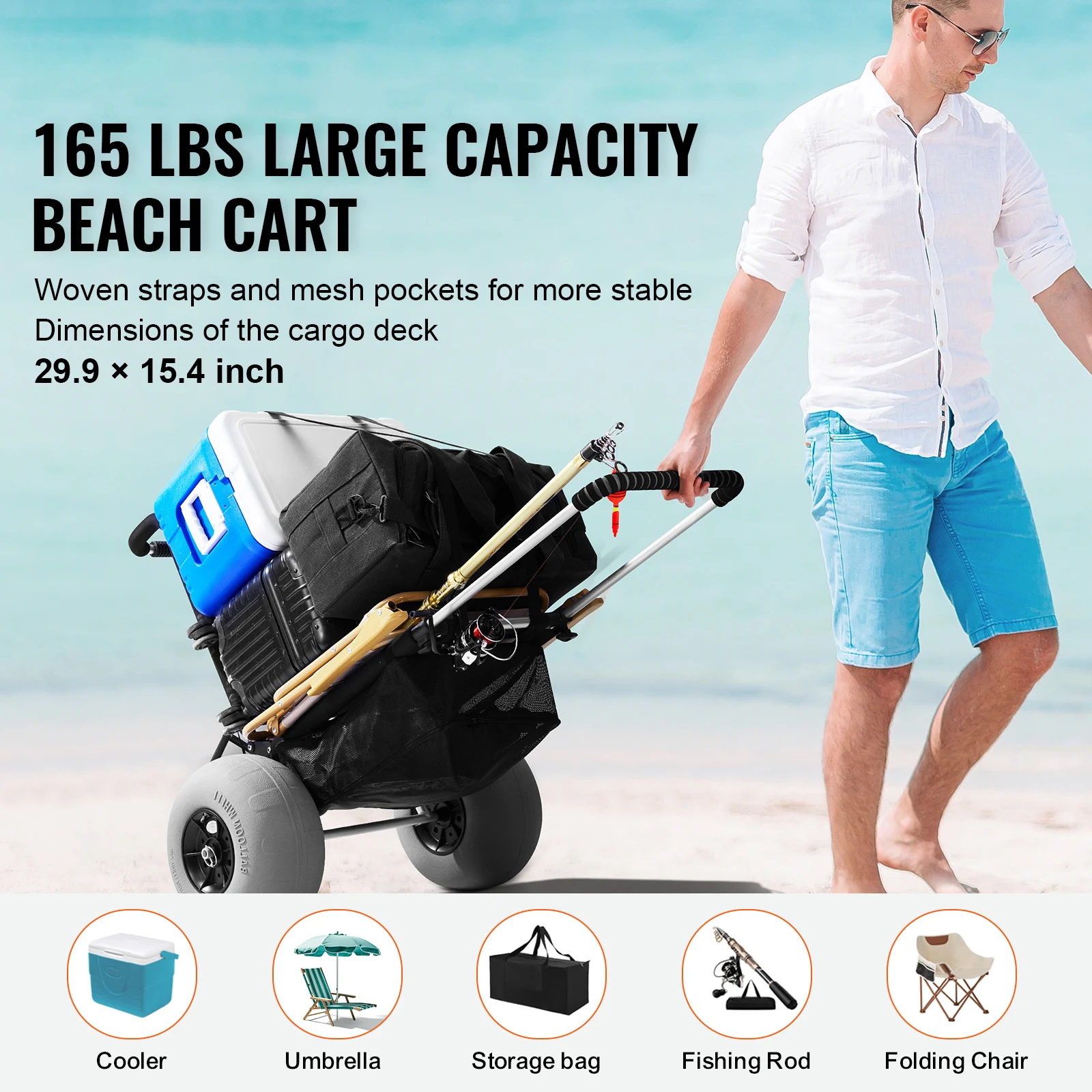 SucceBuy Beach Dolly with Big Wheels for Sand 29.9"x15.4" Cargo Deck w/ 12" Balloon Wheels 165 lbs Folding Sand Cart for Beach