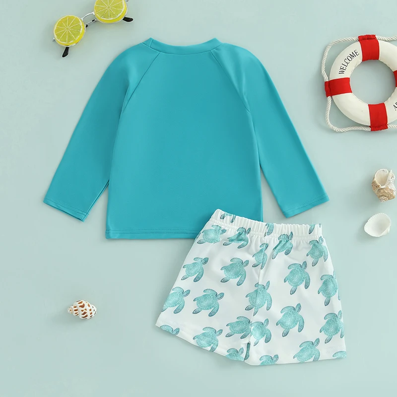 Toddler Baby Boys Rash Guard Swimsuit Set Solid Color Long Sleeve Round Neck Tops with Turtle Print Shorts 2 Pcs Set
