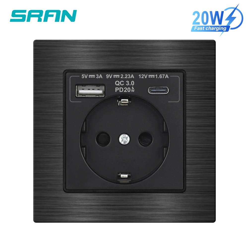 Sran Type-C USB ชาร์จเร็ว5V 3A; 9V 2.22A; 12V 1.67A สูงสุด20W, EU Ru ES STOP kontak listrik, 82*82มม. แผงอะลูมินัมอัลลอย 1