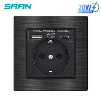 Sran Type-C USB ชาร์จเร็ว5V 3A; 9V 2.22A; 12V 1.67A สูงสุด20W, EU Ru ES STOP kontak listrik, 82*82มม. แผงอะลูมินัมอัลลอย 1