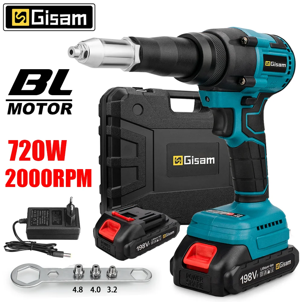 GISAM Rebitador Elétrico Brushless 720W, pistola de rebites sem fio com bateria de lítio, rebitador automático compatível com pinos de bateria Makita 18V