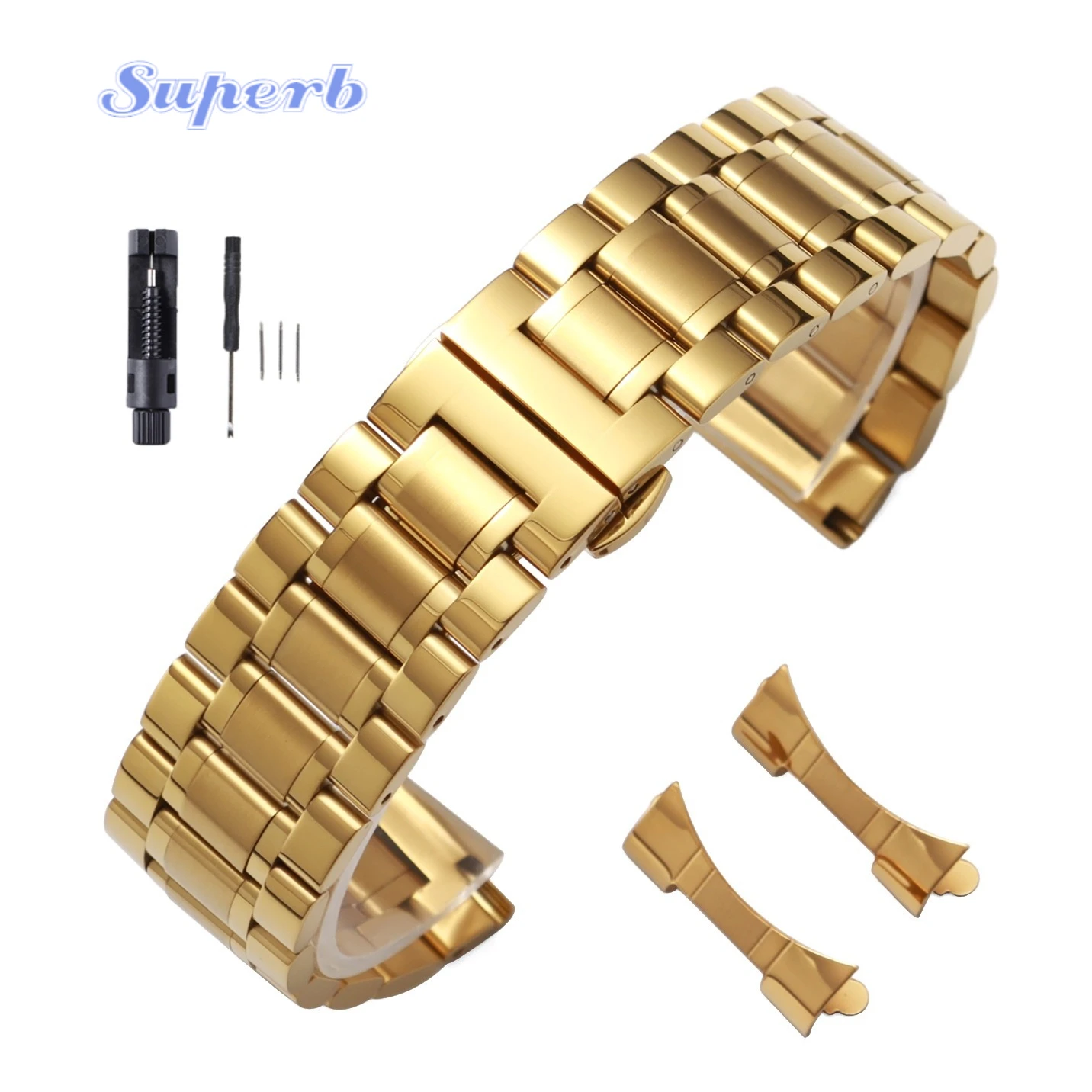 Elegant Curved End Stainless Steel Universal Strap with Butterfly Clasp