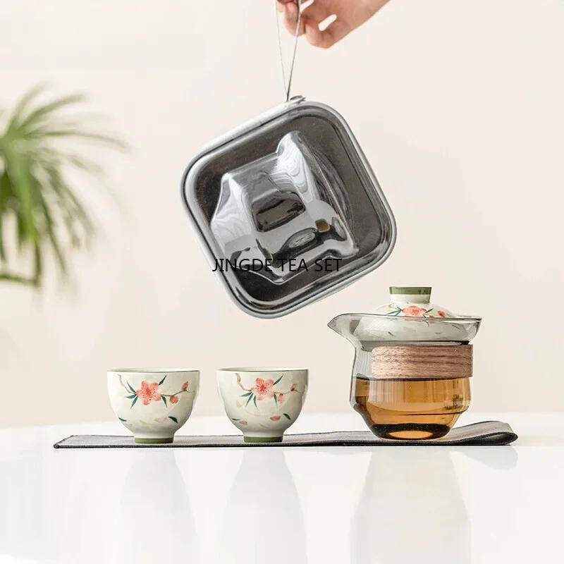 Ceramic hand-painted peach blossom travel tea set 1 pot 3 cups portable storage tea maker